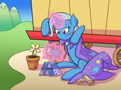 Size: 1920x1431 | Tagged: safe, artist:zanefir-dran, character:trixie, species:pony, species:unicorn, cape, card, clothing, crackers, female, food, hat, house of cards, mare, peanut butter, peanut butter crackers, solo, that pony sure does love peanut butter crackers, trixie's cape, trixie's hat