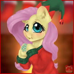 Size: 1000x1000 | Tagged: safe, artist:fanaticpanda, character:fluttershy, blushing, christmas, clothing, cookie, cute, ear fluff, eating, female, food, hat, holiday, looking at you, santa hat, shyabetes