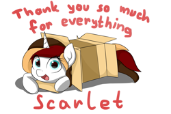 Size: 1015x676 | Tagged: safe, artist:vipy, oc, oc only, oc:scarlet serenade, species:pony, species:unicorn, box, cute, female, mare, simple background, smiling, solo, white background