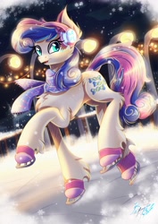 Size: 2893x4093 | Tagged: safe, artist:alexbluebird, character:bon bon, character:sweetie drops, species:earth pony, species:pony, cheek fluff, chest fluff, clothing, ear fluff, earmuffs, female, fence, fluffy, hoof fluff, ice, ice skates, ice skating, lamp, leg fluff, looking at you, mare, open mouth, scarf, smiling, snow, snowflake, solo, winter