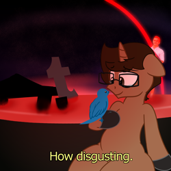 Size: 3600x3600 | Tagged: safe, artist:nerdymexicanunicorn, oc, oc only, oc:nerdy, species:bird, species:pony, species:unicorn, crying, detailed background, end of evangelion, glasses, lucky luciano, meme, meta, subtitles, tumblr, tumblr 2018 nsfw purge, twitter, you know i had to do it to em
