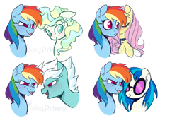 Size: 900x600 | Tagged: safe, artist:lullabyprince, character:dj pon-3, character:fleetfoot, character:fluttershy, character:rainbow dash, character:vapor trail, character:vinyl scratch, species:pegasus, species:pony, species:unicorn, ship:fleetdash, ship:flutterdash, g4, bust, choker, colored pupils, female, floppy ears, harem, lesbian, mare, open mouth, portrait, rainbow dash gets all the mares, shipping, simple background, solo, transparent background, vapordash, vinyldash
