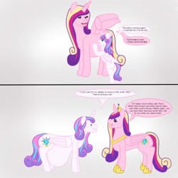 Size: 2000x2000 | Tagged: safe, artist:krumpcakes, character:princess cadance, character:princess flurry heart, species:alicorn, species:pony, adult, age progression, comic, dialogue, duo, duo female, female, kicking, mama cadence, mama flurry, mother and daughter, multiple pregnancy, older, older flurry heart, pregdance, pregnant, text