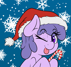 Size: 1800x1700 | Tagged: safe, artist:blues4th, oc, oc:integrand, species:earth pony, species:pony, candy, candy cane, christmas, clothing, food, hat, holiday, one eye closed, santa hat, snow, snowflake, solo, tongue out, wink