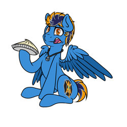 Size: 1000x1000 | Tagged: safe, artist:blues4th, oc, oc:blues, species:pegasus, species:pony, 2019 community collab, derpibooru community collaboration, food, jewelry, looking at you, necklace, pie, simple background, sitting, solo, transparent background, wings
