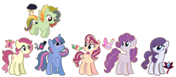 Size: 3578x1572 | Tagged: safe, artist:shiibases, artist:yoshisohappy, base used, oc, oc only, oc:iris lolita, oc:monarch blossom, oc:radiant fortune, oc:soirre swirl, oc:spectrum pyre, oc:spell bound, parent:fluttershy, parent:inky rose, parent:party favor, parent:pinkie pie, parent:rainbow dash, parent:rarity, parent:roseluck, parent:spitfire, parent:starlight glimmer, parent:sunset shimmer, parent:trixie, parent:twilight sparkle, parents:inkity, parents:partypie, parents:shimmerglimmer, parents:spitdash, parents:twixie, species:alicorn, species:earth pony, species:pegasus, species:pony, species:unicorn, alicorn oc, eyeshadow, female, flying, magical lesbian spawn, makeup, mare, next generation, offspring, parents:roseshy, raised hoof, simple background, transparent background