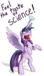 Size: 668x1136 | Tagged: safe, artist:hilloty, character:twilight sparkle, character:twilight sparkle (alicorn), species:alicorn, species:pony, erlenmeyer flask, evil grin, female, fun, grin, magic, mare, messy mane, pure unfiltered evil, rearing, science, simple background, smiling, solo, spread wings, telekinesis, this will end in science, tongue out, white background, wings