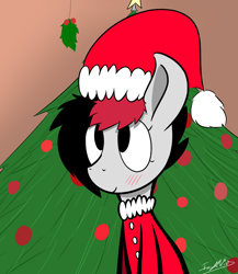 Size: 1040x1200 | Tagged: safe, artist:icywindthepony, oc, oc:miss eri, species:pony, blushing, christmas, christmas tree, cute, holiday, holly, holly mistaken for mistletoe, solo, tree