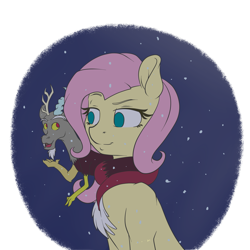 Size: 2449x2449 | Tagged: safe, artist:mephysta, character:discord, character:fluttershy, species:draconequus, species:pegasus, species:pony, bust, clothes imitation, coils, disclothes, female, looking at each other, mare, no pupils, snow, snowfall, three quarter view