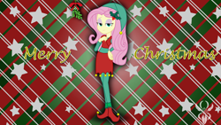 Size: 6830x3840 | Tagged: safe, artist:legendaryspider, character:fluttershy, species:elf, episode:hearth's warming eve, g4, my little pony: friendship is magic, my little pony:equestria girls, bedroom eyes, bells, christmas, clothing, elf costume, elf hat, female, hand on hip, hat, holiday, holly, leggings, legs, looking at you, mistletoe, shoes, show accurate, simple background, skirt, smiling, solo, watermark, wrapping paper