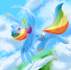 Size: 2620x2554 | Tagged: safe, artist:spntax, character:rainbow dash, species:pegasus, species:pony, cloud, colored hooves, female, flying, looking at you, mare, my little pony, sky, smiling, solo, spread wings, wings