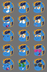 Size: 1500x2300 | Tagged: safe, artist:blues4th, oc, oc:blues, species:pony, confused, crying, derp, emoji, glasses, happy, heart eyes, money, sad, shout, sunglasses, tongue out, wingding eyes