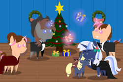 Size: 6000x4000 | Tagged: safe, artist:steampunk-brony, oc, oc only, oc:ellison, oc:pink rose, oc:silverlay, oc:steamy, oc:think pink, species:pony, species:unicorn, absurd resolution, christmas, christmas tree, cute, female, holiday, hug, magic, male, mare, mother and daughter, parents:silverjack, pointy ponies, rule 63, stallion, teddy bear, tree