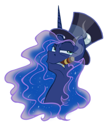 Size: 766x887 | Tagged: safe, artist:hilloty, character:princess luna, species:alicorn, species:pony, bust, cigar, clothing, commission, female, hat, simple background, smoking, solo, sticker, tobacco, top hat, transparent background