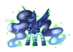 Size: 1400x1000 | Tagged: dead source, safe, artist:hilloty, character:princess luna, species:alicorn, species:pony, clothing, female, simple background, socks, solo, spread wings, striped socks, transparent, transparent background, wings