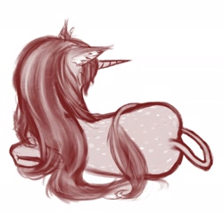 Size: 2344x2230 | Tagged: safe, artist:gliconcraft, oc, oc only, oc:cinnamon fawn, ponysona, species:pony, species:unicorn, back, eyes closed, female, horn, large filesize, leonine tail, long hair, lying down, mare, rear view, requested, sketch, sleeping, solo, spots