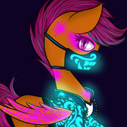 Size: 1500x1500 | Tagged: safe, artist:yourfavoritelove, character:scootaloo, species:pegasus, species:pony, akali, bandana, clothing, cosplay, costume, female, k-pop, k/da, league of legends, neon, older, older scootaloo, purple background, simple background, solo