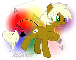 Size: 1615x1280 | Tagged: safe, artist:lilygarent, oc, oc only, oc:ace love, species:earth pony, species:pony, ace of spades, card, female, mare, open mouth, playing card, raised hoof, signature, simple background, solo, transparent background, watermark