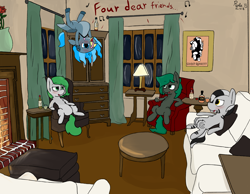 Size: 4500x3500 | Tagged: safe, artist:rosebush, oc, oc only, oc:arbor, oc:mevono, oc:minus, oc:nephele skye, species:hippogriff, species:pony, species:zebra, alcohol, chair, couch, curtains, drunk, fireplace, flower, ghost quartet, music notes, picture frame, potted plant, rose, singing, table, whiskey, window