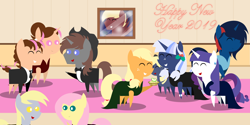 Size: 8000x4000 | Tagged: safe, artist:steampunk-brony, character:applejack, character:derpy hooves, character:fluttershy, character:rarity, oc, oc:ellison, oc:neo strike, oc:pink rose, oc:serene, oc:silverlay, oc:steamy, oc:think pink, parent:applejack, parent:oc:silverlay, species:pony, species:unicorn, absurd resolution, alternate hairstyle, canon x oc, clothing, dress, female, lesbian, male, mare, parents:silverjack, pointy ponies, rule 63, shipping, silverjack, stallion