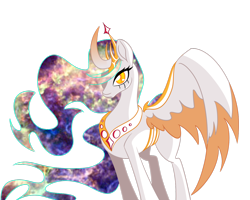 Size: 1280x1024 | Tagged: safe, artist:puddingskinmcgee, character:princess celestia, species:alicorn, species:pony, newbie artist training grounds, alternate eye color, crown, curved horn, ethereal mane, female, galaxy mane, gradient horn, hair over one eye, horn, jewelry, mare, redesign, regalia, simple background, slit eyes, solo, transparent background, two toned wings