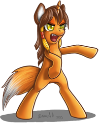 Size: 560x690 | Tagged: safe, artist:dany-the-hell-fox, oc, oc only, oc:mirosława, species:pony, species:unicorn, bipedal, female, fox tail, hooves, horn, mare, open mouth, ponified, simple background, smiling, solo, teeth, transparent background