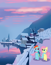 Size: 806x1018 | Tagged: safe, artist:owlity, character:fluttershy, character:rainbow dash, species:pegasus, species:pony, ship:flutterdash, female, lake, lesbian, mare, mountain, reflection, scenery, shipping, snow, sunset, winter