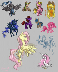 Size: 794x1000 | Tagged: safe, artist:dany-the-hell-fox, character:applejack, character:fluttershy, character:pinkie pie, character:princess celestia, character:princess luna, oc, species:alicorn, species:bat pony, species:duck, species:earth pony, species:pegasus, species:pony, bat pony oc, bat wings, clothing, cowboy hat, cutie mark, duck pony, female, flying, gray background, hat, hooves, horn, lineless, mare, raised hoof, simple background, sketch, smiling, spread wings, swanlestia, tongue out, wings