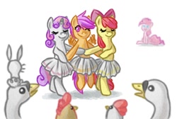 Size: 1024x690 | Tagged: safe, artist:dany-the-hell-fox, character:apple bloom, character:pinkie pie, character:scootaloo, character:sweetie belle, species:bird, species:chicken, species:earth pony, species:pegasus, species:pony, species:rabbit, species:unicorn, animal, ballerina, ballerinas, ballet, bipedal, bow, clothing, cutie mark crusaders, dancing, eyes closed, female, filly, foal, goose, hair bow, hooves, horn, mare, one eye closed, simple background, sitting, skirt, skirtaloo, smiling, spread wings, swan, swan lake, tabun art-battle, tutu, tutus, white background, wings