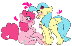 Size: 1280x825 | Tagged: safe, artist:korgikardigan, artist:noneedforstars, character:pinkie pie, character:princess skystar, species:classical hippogriff, species:earth pony, species:hippogriff, species:pony, ship:skypie, my little pony: the movie (2017), bedroom eyes, blush highlights, blush lines, blushing, chest fluff, chunky eyelashes, clam, female, flat colors, floating heart, floppy ears, flower, flower in hair, heart, heart eyes, heart tail, jewelry, lesbian, looking at each other, mare, necklace, raised hoof, shipping, simple background, sitting, smiling, transparent background, wingding eyes