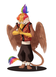 Size: 1280x1747 | Tagged: safe, artist:maxiima, oc, oc:rainbow feather, parent:gilda, parent:rainbow dash, parents:gildash, species:anthro, species:griffon, bow, clothing, cosplay, costume, interspecies offspring, kung fu, kung fu panda, magical lesbian spawn, offspring, ponytail, solo