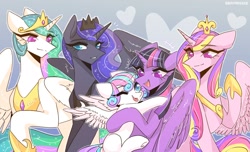 Size: 1500x914 | Tagged: safe, artist:seamaggie, character:princess cadance, character:princess celestia, character:princess flurry heart, character:princess luna, character:twilight sparkle, character:twilight sparkle (alicorn), species:alicorn, species:pony, alicorn pentarchy, baby, baby pony, best aunt ever, blep, colored pupils, cute, hug, one eye closed, smiling, tongue out, wink