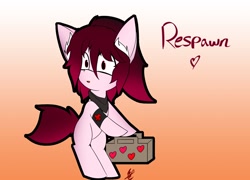 Size: 1920x1386 | Tagged: safe, artist:exxie, oc, oc:respawn, species:earth pony, species:pony, arm band, bandana, bipedal, female, filly, heart, looking at you, medic, simple background