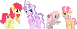 Size: 1112x418 | Tagged: safe, artist:xhalesx, character:apple bloom, character:diamond tiara, parent:apple bloom, parent:diamond tiara, parents:diamondbloom, species:pony, ship:diamondbloom, family, female, lesbian, magical lesbian spawn, offspring, older, older apple bloom, older diamond tiara, shipping