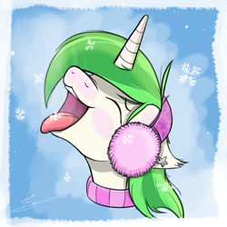 Size: 800x800 | Tagged: safe, artist:hardlugia, oc, oc:lucky seven, species:pony, species:unicorn, earmuffs, earpiece, eyes closed, green mane, happy, snow, snowfall, solo, tongue out, winter