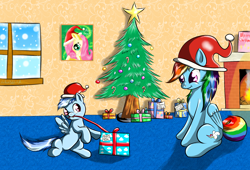 Size: 2200x1500 | Tagged: safe, artist:ac-whiteraven, character:derpy hooves, character:rainbow dash, oc, oc:tempest, parent:rainbow dash, parent:unnamed oc, parents:canon x oc, species:pegasus, species:pony, christmas, female, mare, mother and son, offspring