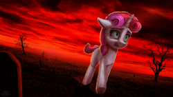 Size: 1920x1080 | Tagged: safe, artist:robsa990, character:sweetie belle, species:pony, species:unicorn, fanfic:why am i crying, apocalypse, crying, dead tree, female, filly, red sky, revelations, solo, tree, trotting, underhoof, wasteland