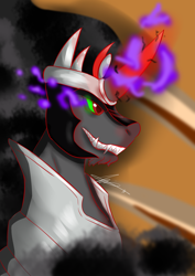 Size: 2480x3508 | Tagged: safe, artist:mantarwolf, character:king sombra, species:pony, species:unicorn, armor, clothing, curved horn, dark magic, high res, horn, magic, male, red eyes, solo