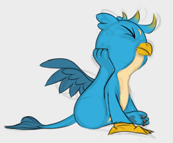 Size: 1020x843 | Tagged: safe, artist:foal, character:gallus, species:griffon, behaving like a cat, birb, catbird, cheek fluff, chest fluff, claws, cute, eyes closed, frown, gallabetes, griffons doing cat things, head tilt, male, one eye closed, paw pads, paws, scratching, simple background, sitting, solo, spread wings, tail, talons, underpaw, white background, wings, younger