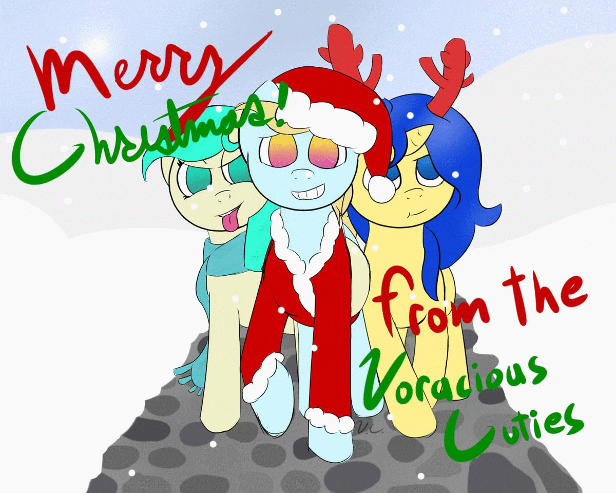 Size: 1200x960 | Tagged: safe, artist:voraciouscutie, oc, oc only, oc:blueberry crepe, oc:dutchie mills, oc:frozen star, species:earth pony, species:pegasus, species:pony, adorable face, animated, christmas, clothing, cute, fake antlers, gif, hat, holiday, santa hat, scarf, snow, winter
