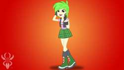 Size: 6830x3840 | Tagged: safe, artist:legendaryspider, character:cherry crash, g4, my little pony: equestria girls, my little pony:equestria girls, background human, bedroom eyes, boots, cherry crash, clothing, come hither, ear piercing, earring, fingerless gloves, gloves, jacket, jewelry, leather jacket, looking at you, miniskirt, piercing, plaid skirt, ripped, ripped shirt, shirt, shoes, short hair, show accurate, simple background, skirt, smiling