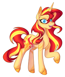 Size: 1300x1550 | Tagged: safe, artist:puddingskinmcgee, character:sunset shimmer, species:pony, species:unicorn, alternate design, alternate hairstyle, female, looking at you, mare, raised hoof, simple background, smiling, solo, swirly markings, transparent background