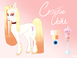 Size: 1400x1050 | Tagged: safe, artist:qatsby, oc, oc:coffee cake, parent:donut joe, parent:pinkie pie, parents:pinkiejoe, species:earth pony, species:pony, choker, colored hooves, eyeshadow, female, gradient background, lipstick, makeup, mare, offspring, reference sheet, signature, solo