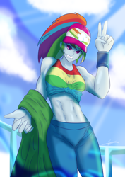 Size: 2480x3508 | Tagged: safe, artist:mantarwolf, character:rainbow dash, equestria girls:spring breakdown, g4, my little pony: equestria girls, my little pony:equestria girls, spoiler:eqg series (season 2), abs, breasts, clothing, crepuscular rays, female, front knot midriff, grin, hat, midriff, muscles, smiling, solo