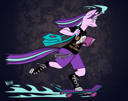 Size: 1000x789 | Tagged: safe, artist:ursa, character:starlight glimmer, species:anthro, species:pony, species:unguligrade anthro, species:unicorn, chains, clothing, converse, edgelight glimmer, emo, female, hoof shoes, shirt, shoes, shorts, skateboard, solo, teenage glimmer, teenager