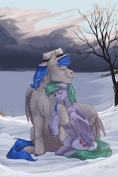Size: 2000x3000 | Tagged: safe, artist:marinavermilion, oc, oc:brensa, oc:record melodie, species:bat pony, species:pegasus, species:pony, bat pony oc, brecord, clothing, commission, cuddling, fedora, female, giant pegasus, hat, holding hooves, hug, male, mare, size difference, stallion, unshorn fetlocks, wings, winter
