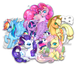 Size: 1000x850 | Tagged: safe, artist:renciel, character:applejack, character:fluttershy, character:pinkie pie, character:rainbow dash, character:rarity, character:twilight sparkle, character:twilight sparkle (alicorn), species:alicorn, species:earth pony, species:pegasus, species:pony, species:unicorn, female, mane six, mare, simple background, smiling, transparent background, watermark