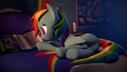Size: 3840x2160 | Tagged: safe, artist:psfmer, character:rainbow dash, species:pony, 3d, bed, book, candle, candlelight, dock, female, lying on bed, moonlight, plot, reading, smiling, solo, source filmmaker, wonderbolts poster