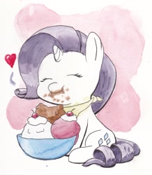 Size: 1905x2189 | Tagged: safe, artist:lost marbles, character:rarity, species:pony, species:unicorn, abstract background, bowl, cherry, chibi, cute, eating, eyes closed, female, food, heart, ice cream, messy eating, raribetes, sitting, smiling, solo, this will end in weight gain, traditional art