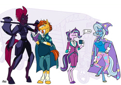 Size: 1280x905 | Tagged: safe, artist:ursa, character:starlight glimmer, character:sunburst, character:tempest shadow, character:trixie, species:anthro, species:pony, species:unguligrade anthro, species:unicorn, armor, axe, battle axe, book, clothing, colored hooves, cup, empathy cocoa, i mean i see, size chart, size comparison, size difference, trixie's wagon, weapon